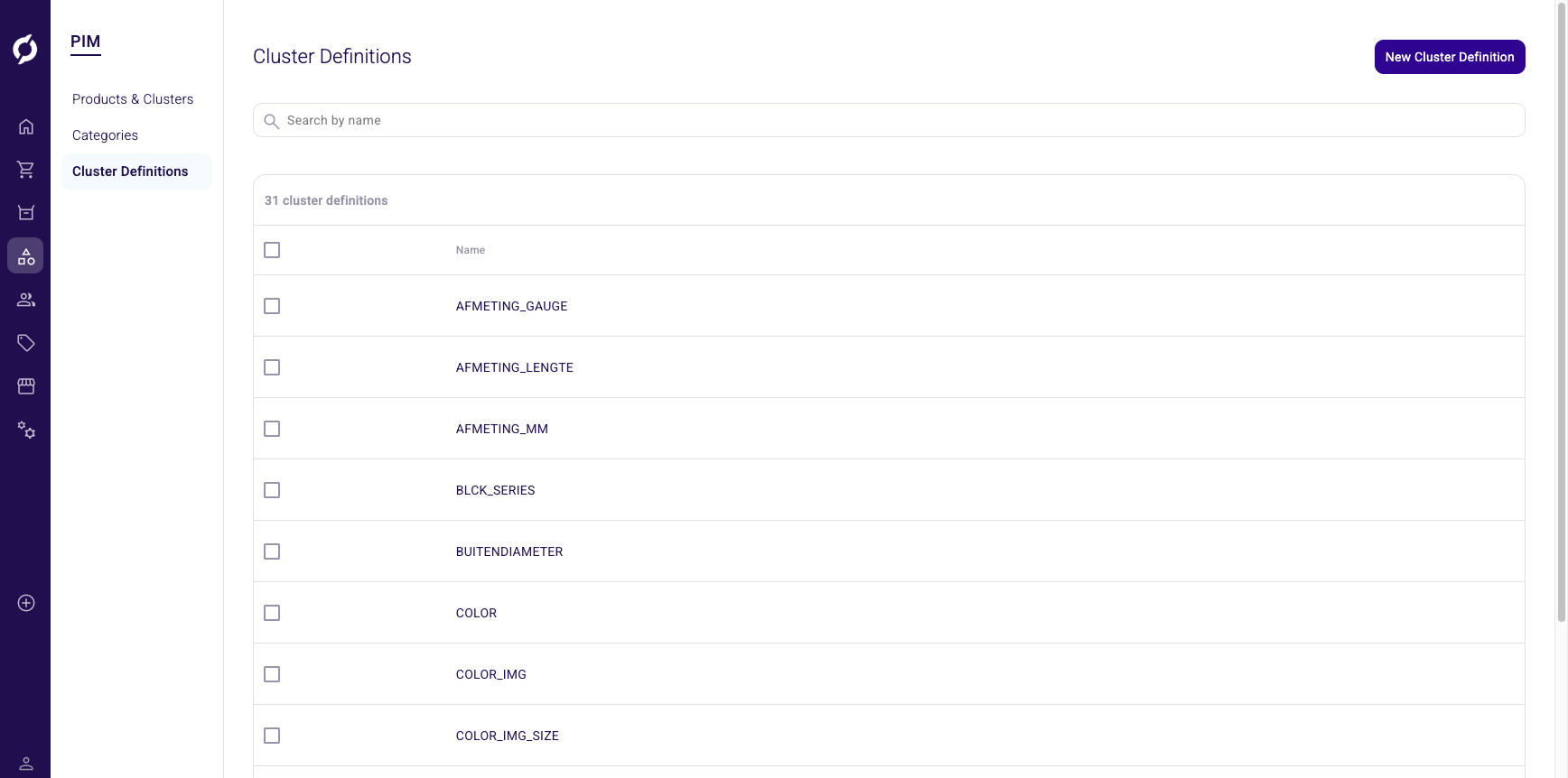 Cluster Definitions list with search and New Cluster Definition button