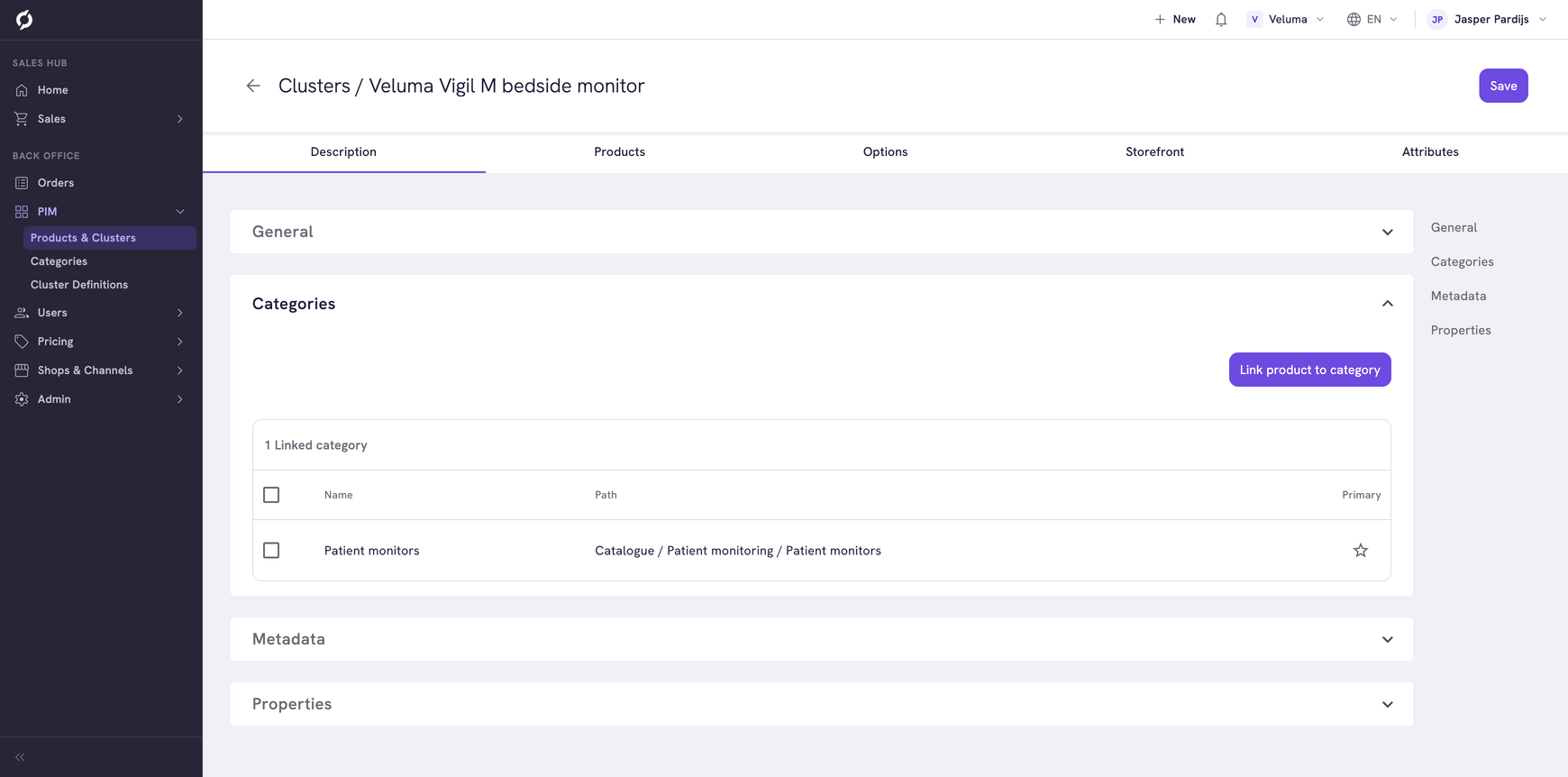 Cluster Description tab showing the Categories section with the linked category and the star that marks it as primary
