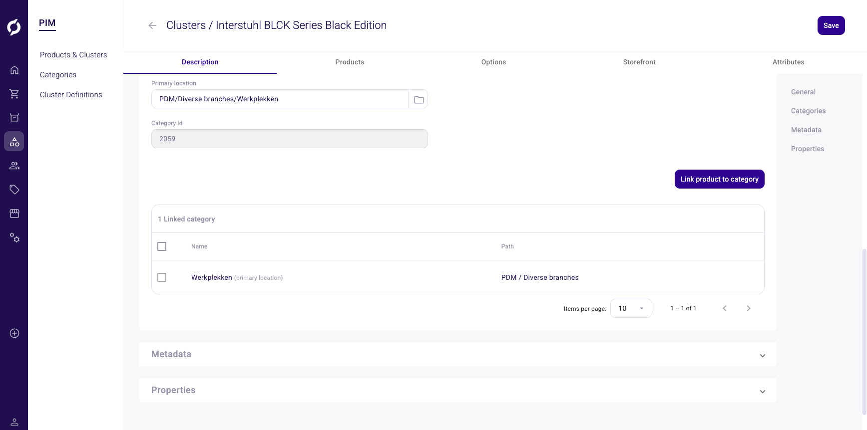 Cluster Description tab showing the Categories section with primary location and linked categories