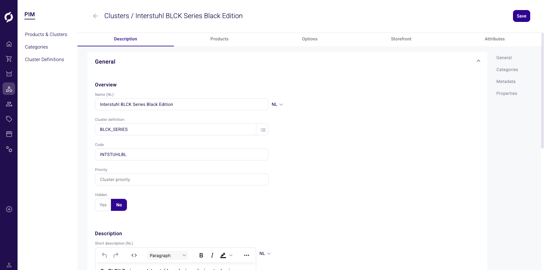 Cluster detail page showing the Description tab with General section