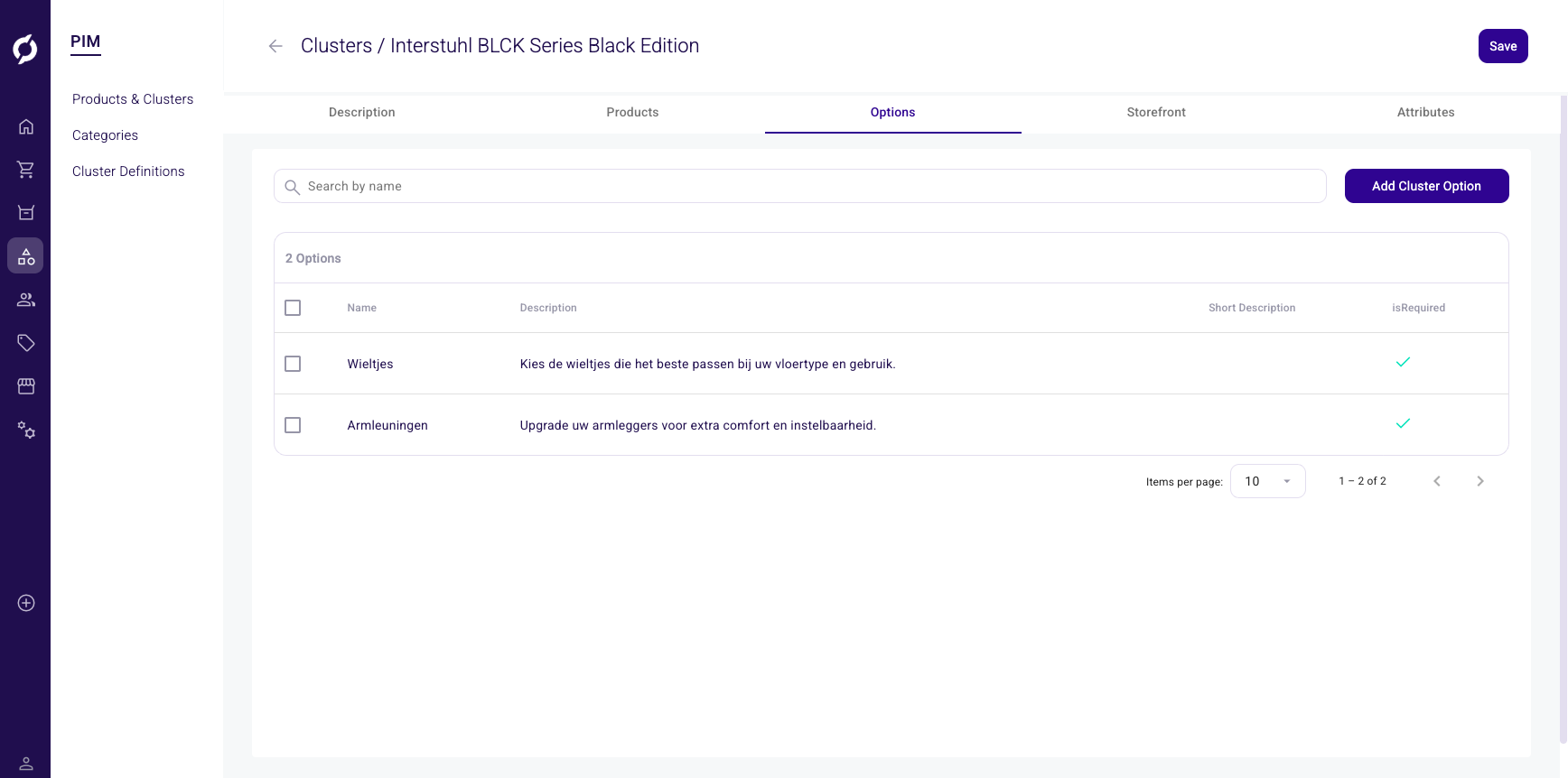 Cluster Options tab showing options list with name, description and isRequired columns
