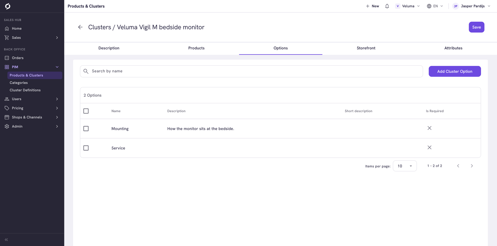 Cluster Options tab showing the options list with the Name, Description, Short description and Is Required columns