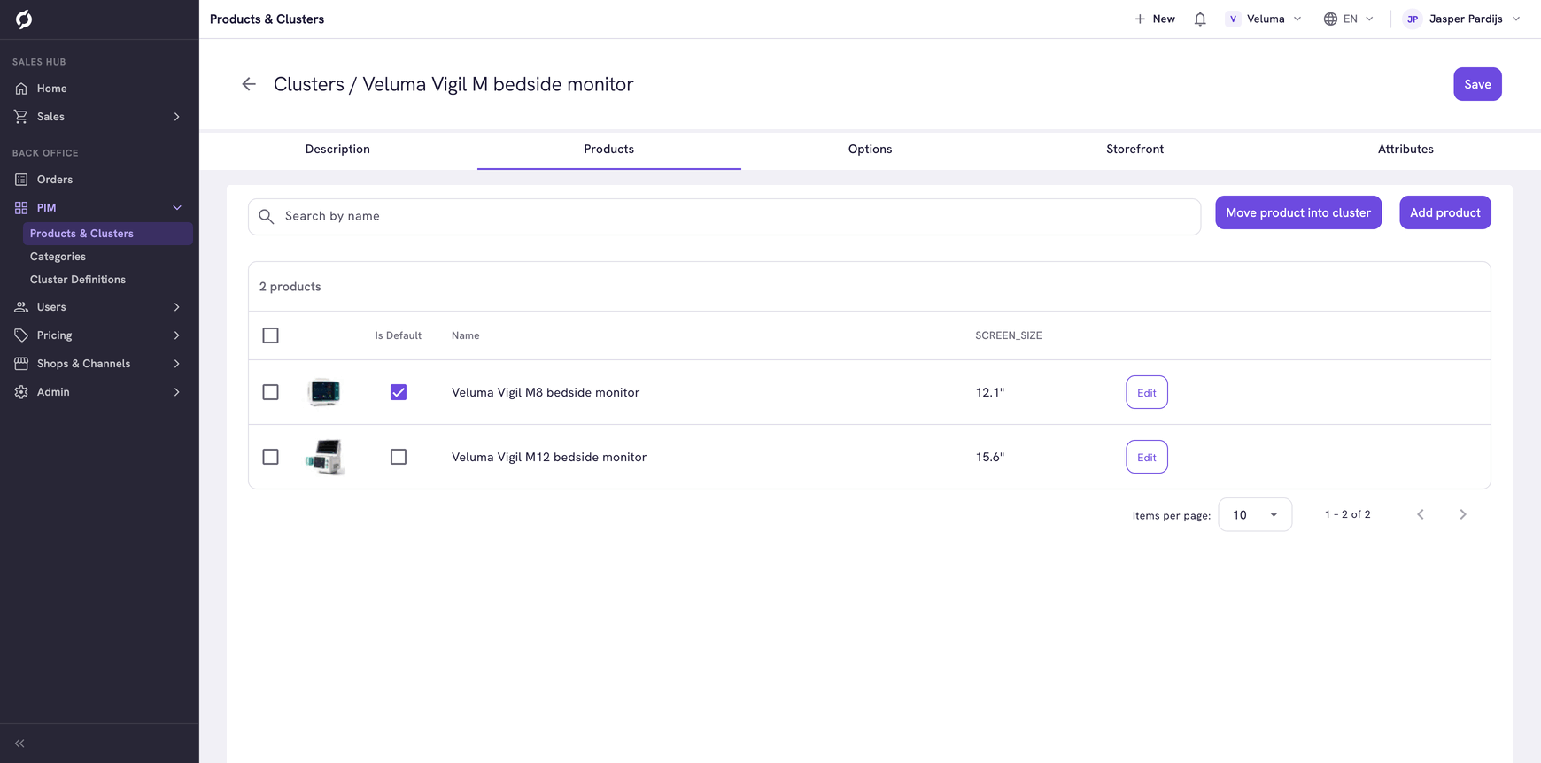 Cluster Products tab showing variant products with images, names and attribute columns