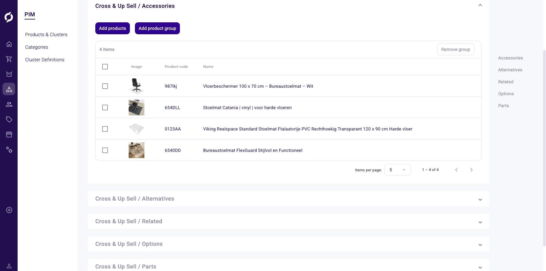 Cluster Storefront tab showing Cross and Up Sell sections for Accessories, Alternatives, Related, Options and Parts