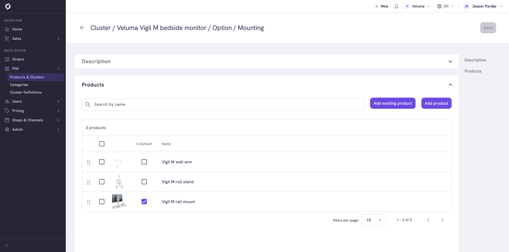 Cluster option products list with Is Default checkbox and product names
