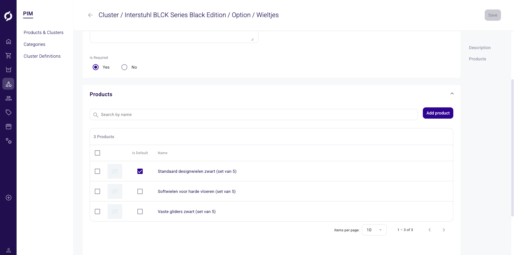 Cluster option products list with Is Default checkbox and product names