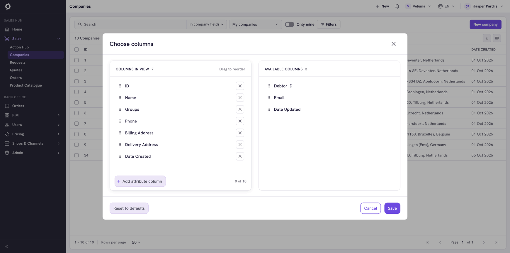 Choose columns dialog on the Companies page, with the seven standard columns in view