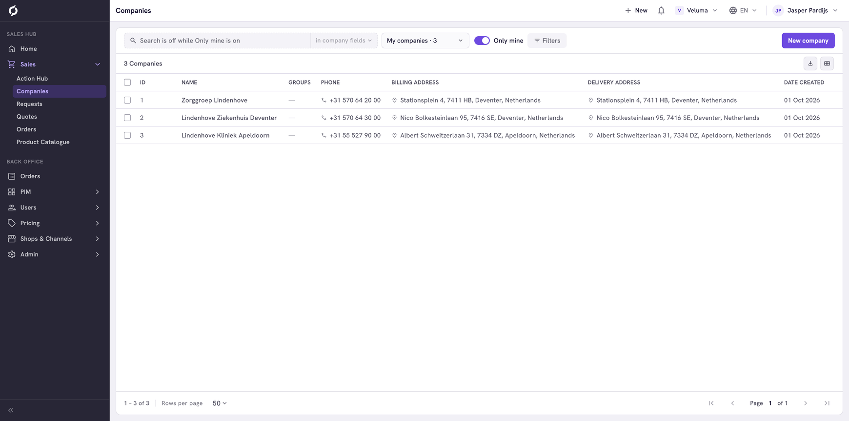 Companies list with Only mine switched on, showing the three companies picked under My companies