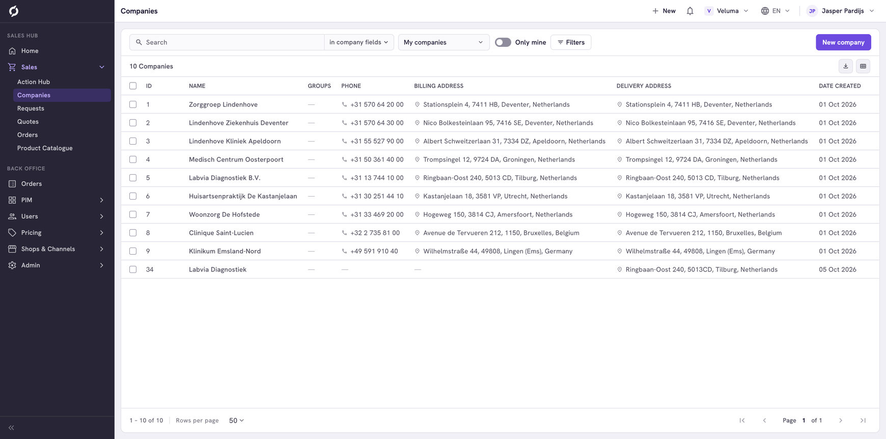 Companies list with the search field and its scope, My companies, Only mine and Filters in one row above the table