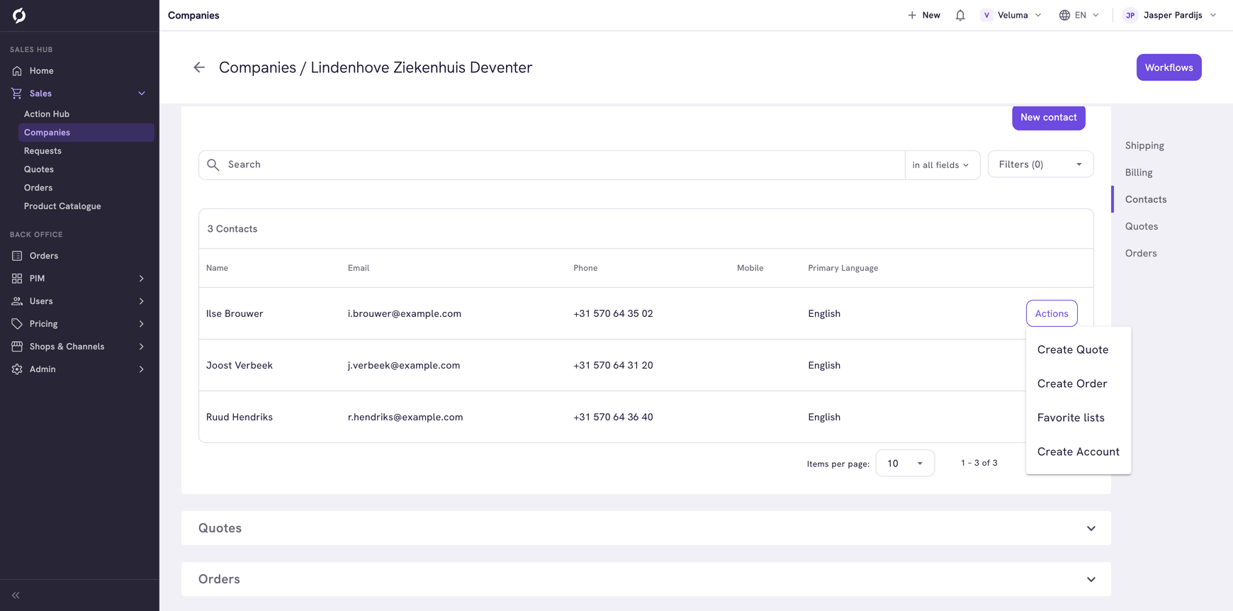 Actions menu of a contact with Create Quote, Create Order, Favorite lists and Create Account