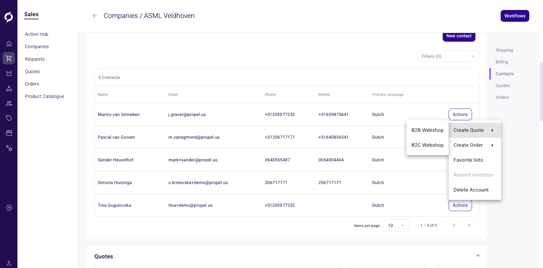 Contact actions dropdown