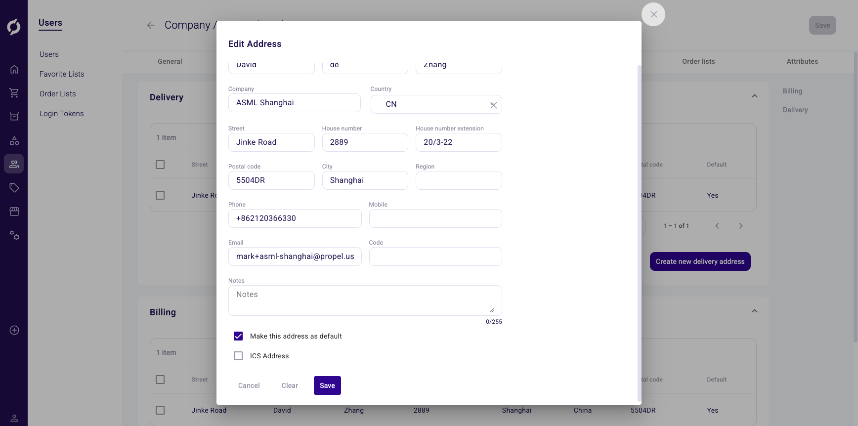 Edit Address dialog with address fields