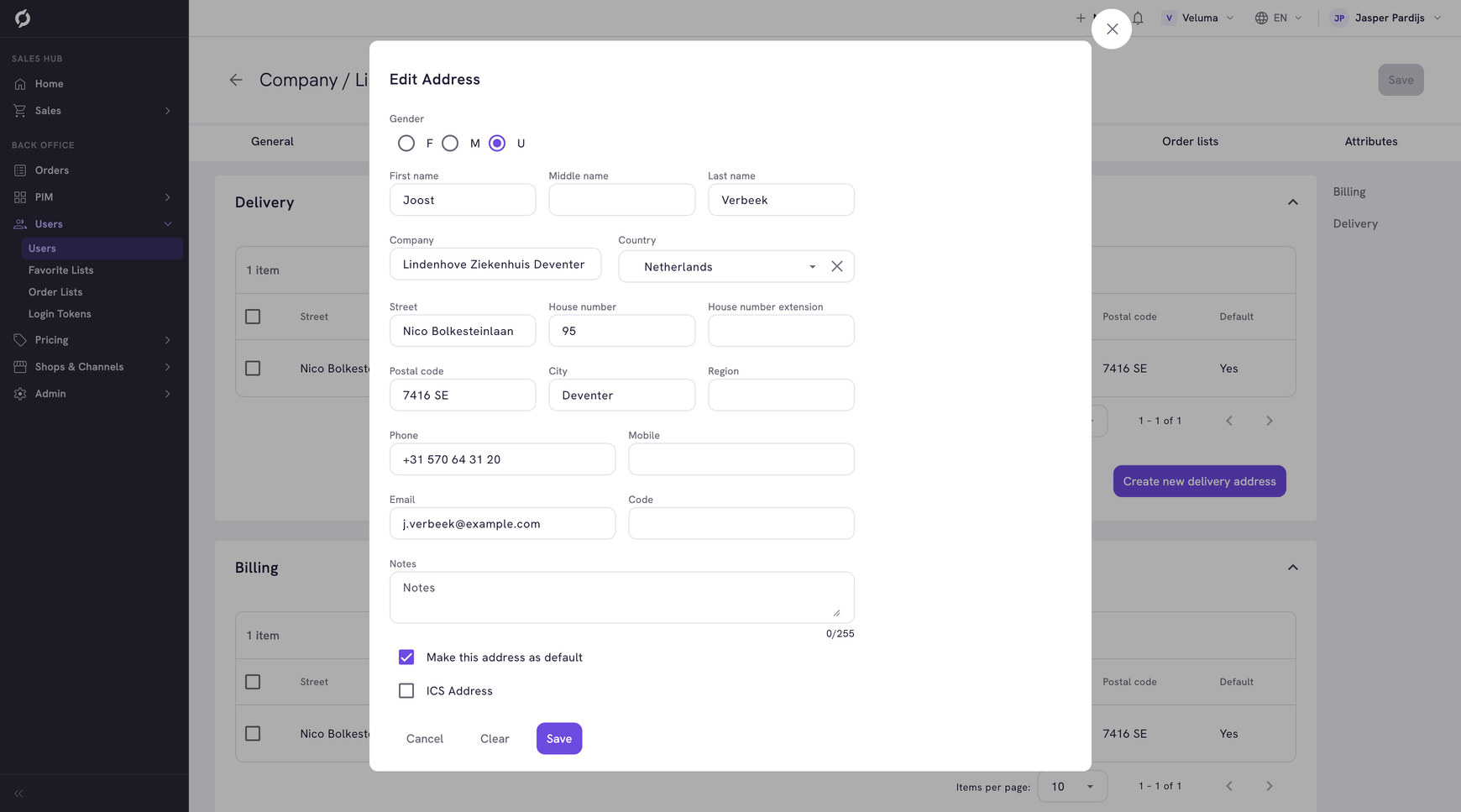 Edit Address dialog with address fields