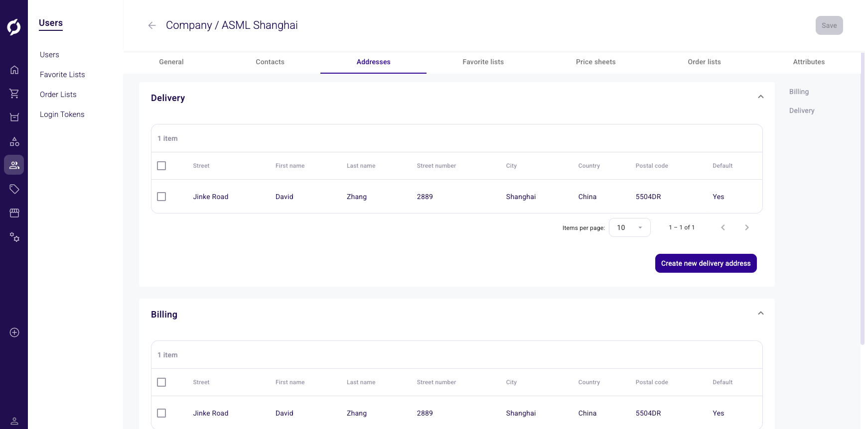 Addresses tab showing delivery and billing address tables