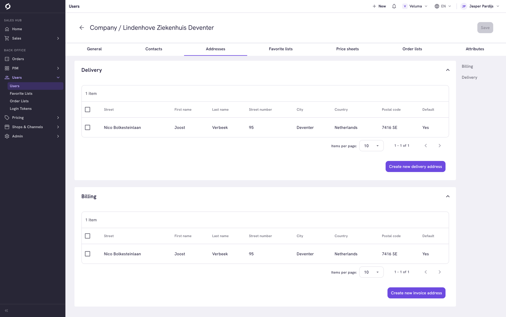 Addresses tab showing delivery and billing address tables
