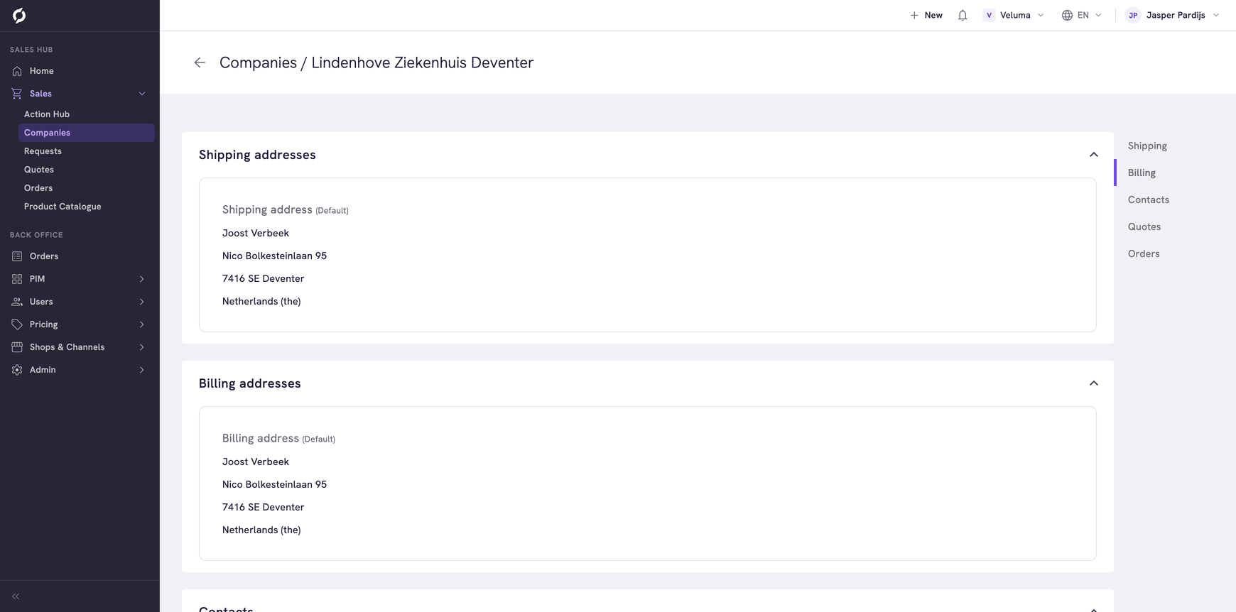 Shipping addresses and Billing addresses sections, each with its default address