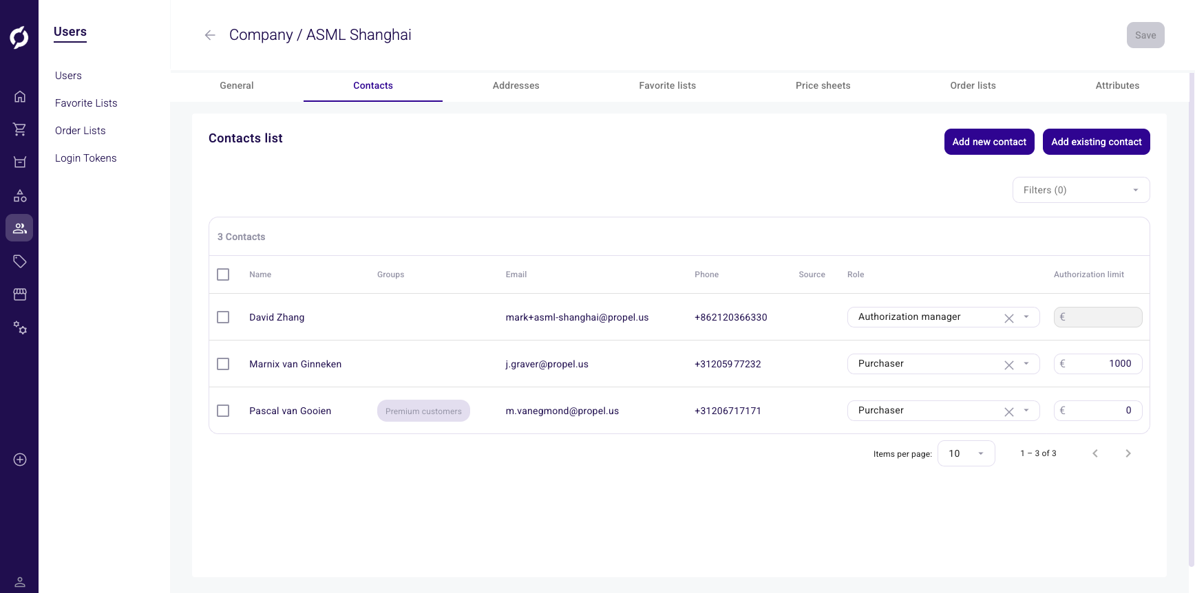 Contacts tab showing a list of contacts with authorization roles