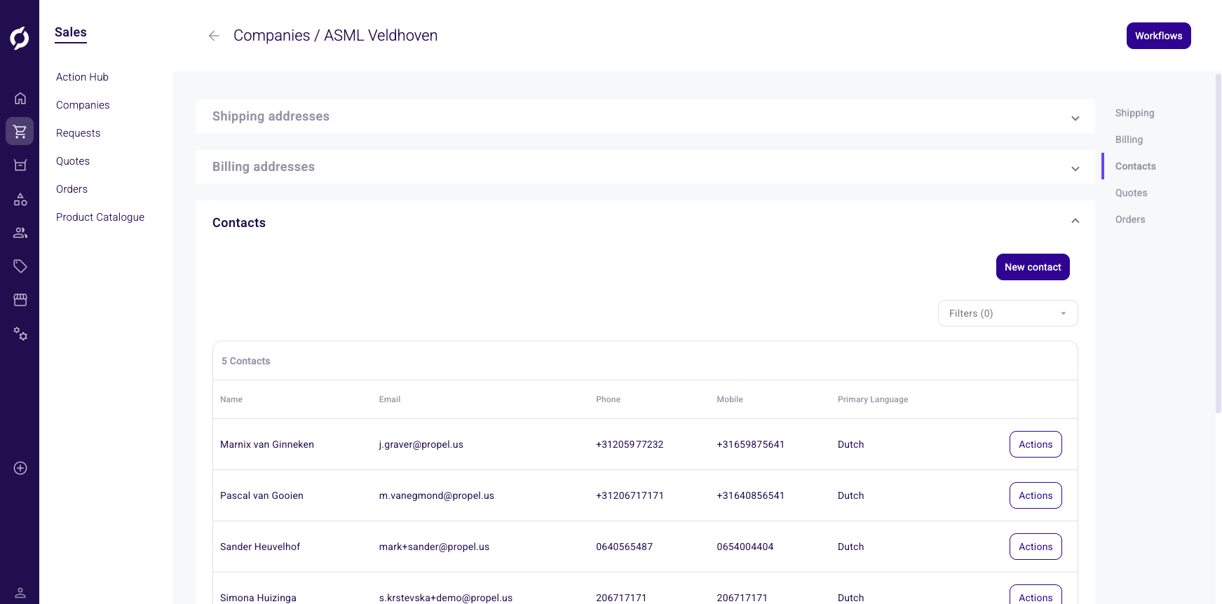 Company detail page with contacts