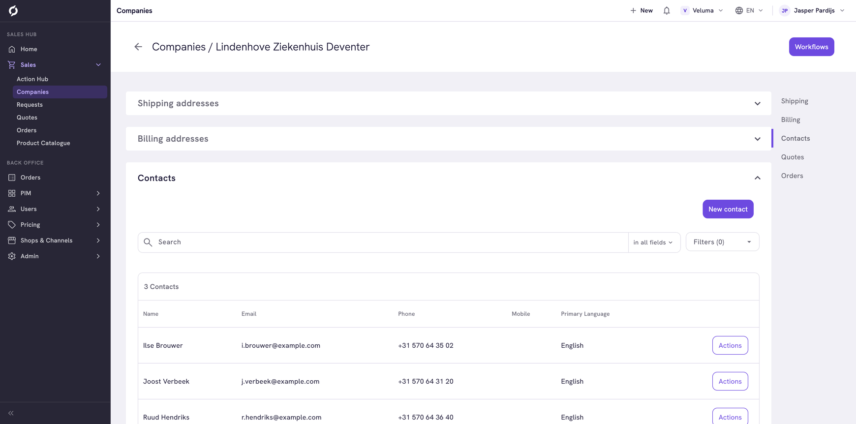 Company details page with the Contacts section open and the quick-links on the right