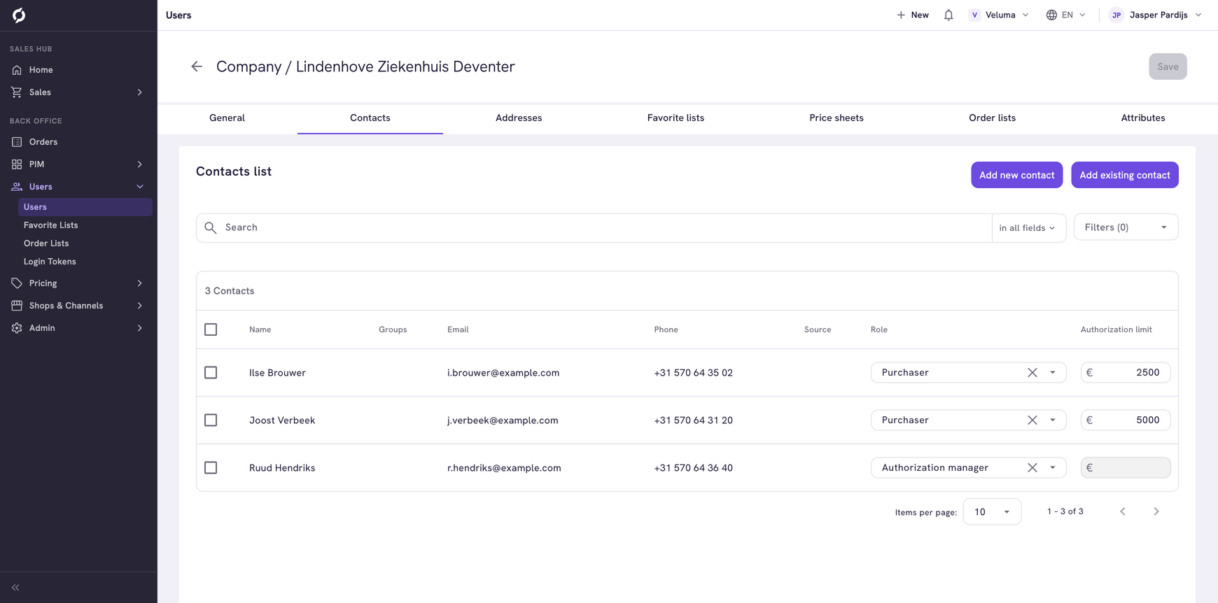 Contacts tab showing a list of contacts with authorization roles