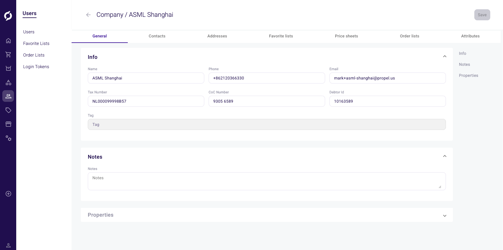 Company detail page showing the General tab with Info, Notes and Properties sections
