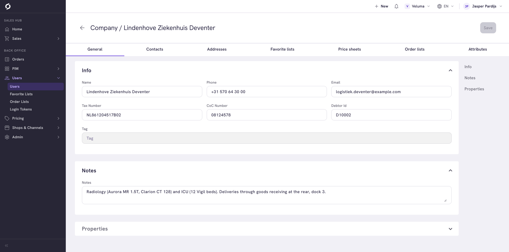 Company detail page showing the General tab with Info, Notes and Properties sections