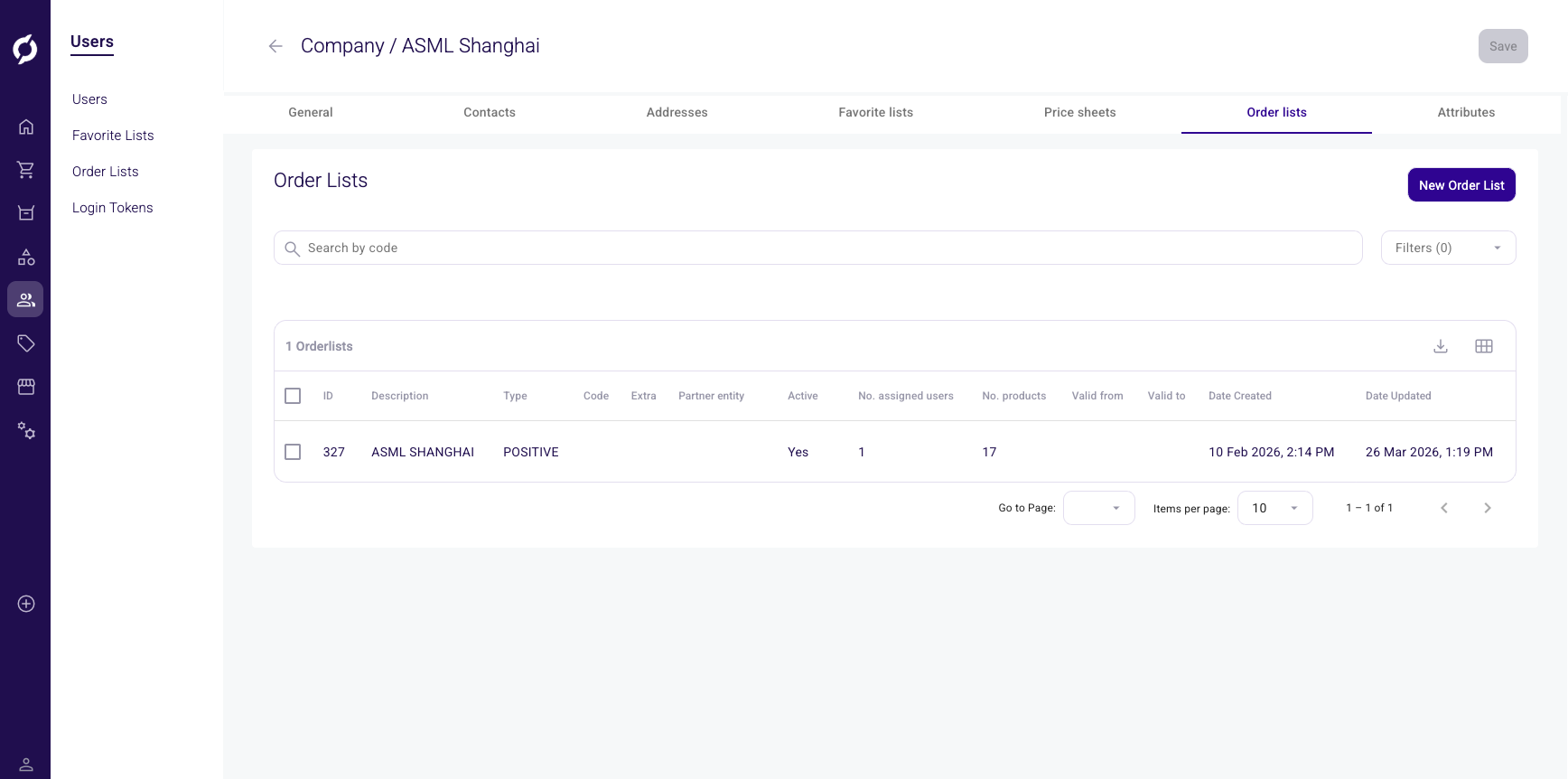 Order lists tab showing assigned order lists