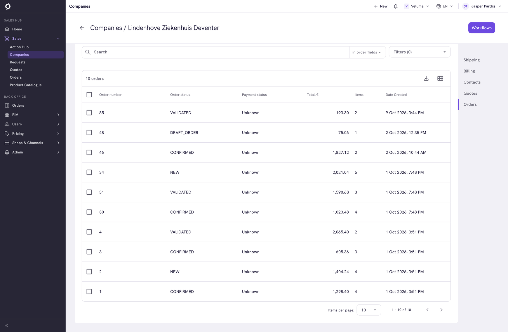 Orders section of a company with its seven orders