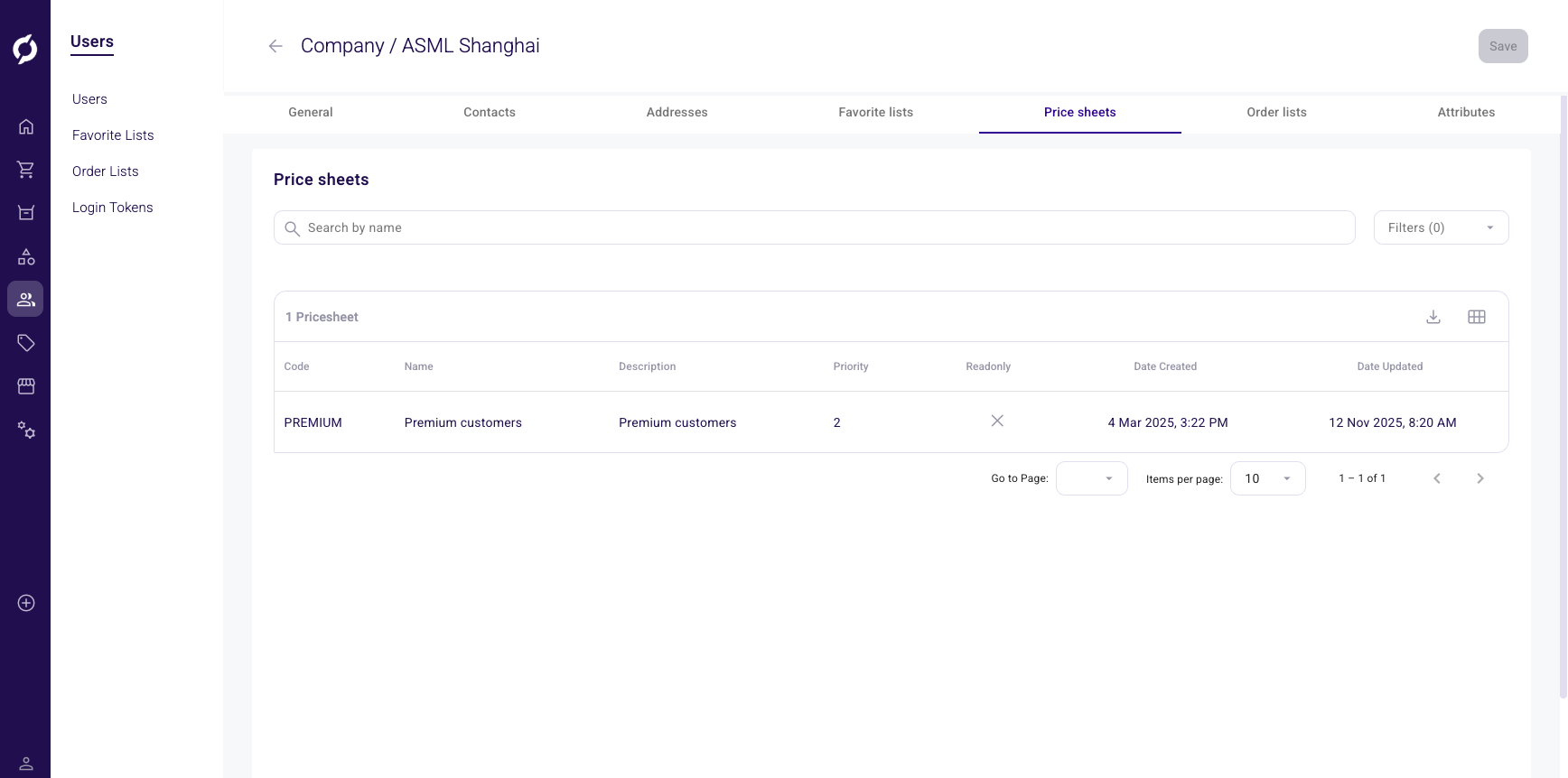 Price sheets tab showing assigned price sheets