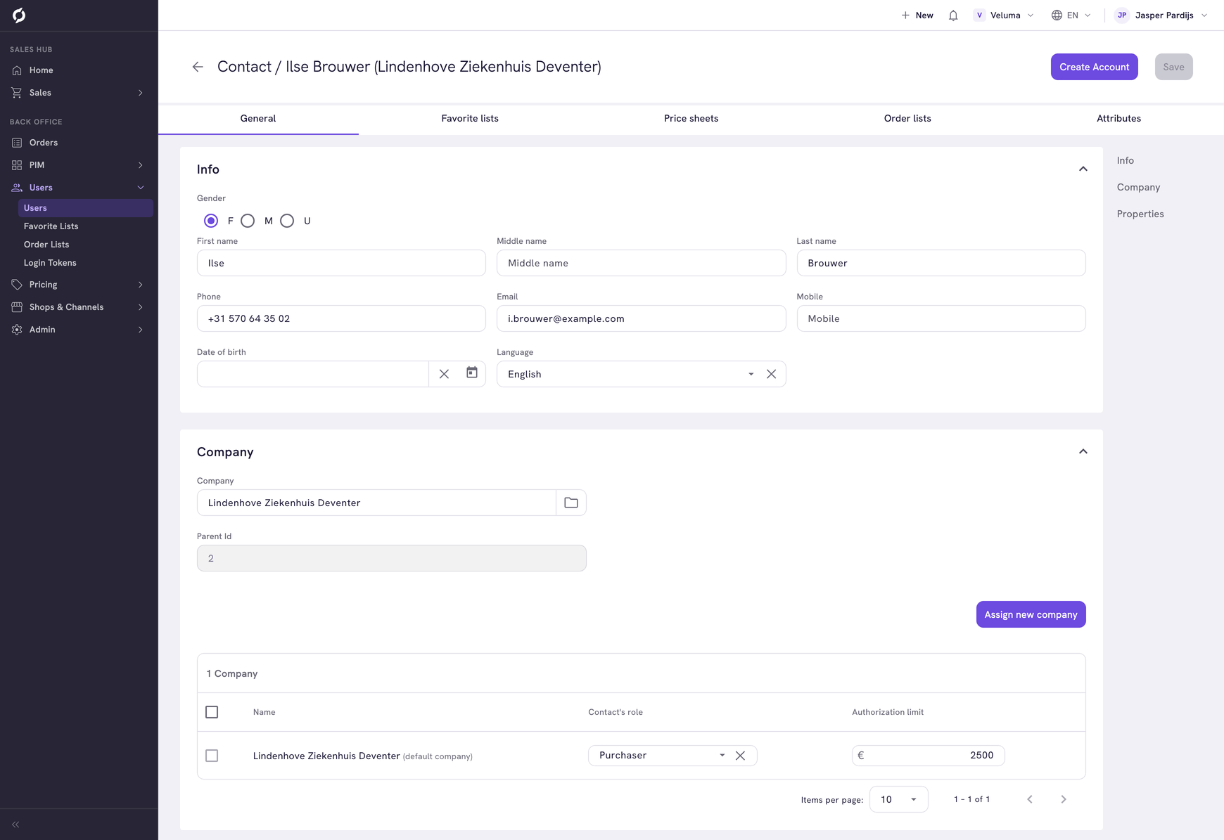 Page of a contact with the General tab, the Create Account button and the Company section