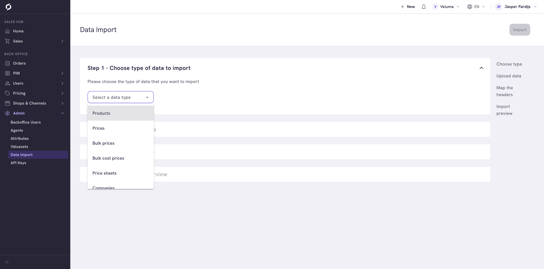 Data Import wizard Step 1 showing the data type dropdown with Products, Prices, Bulk prices, Bulk cost prices, Price sheets and Companies