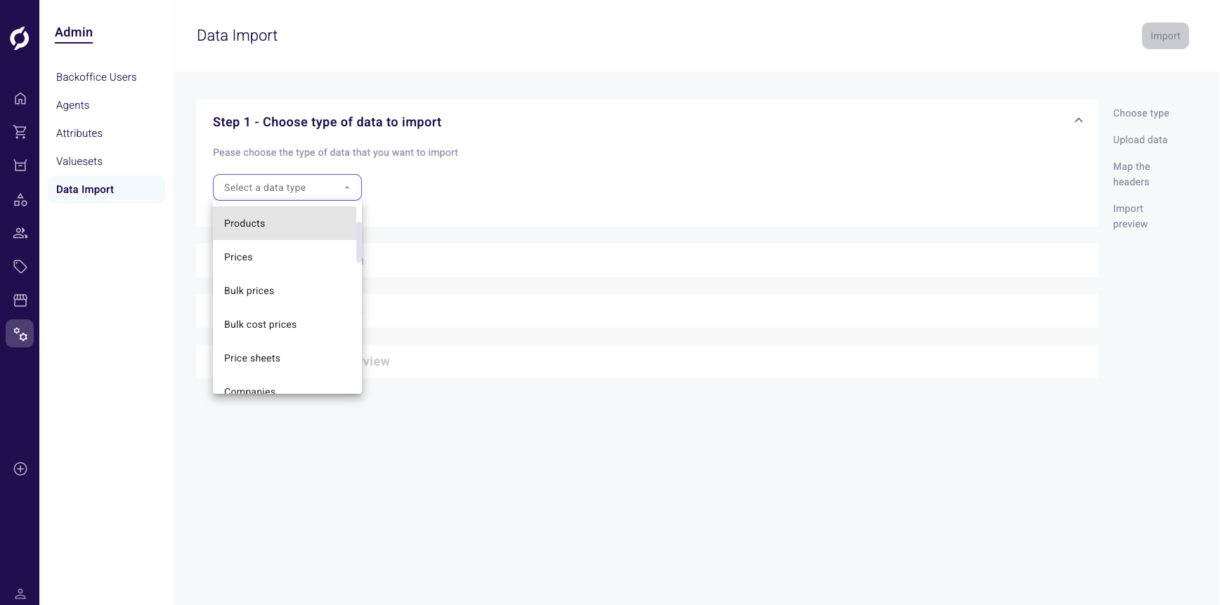 Data Import wizard Step 1 showing the data type dropdown with Products, Prices, Bulk prices, Bulk cost prices, Price sheets and Companies