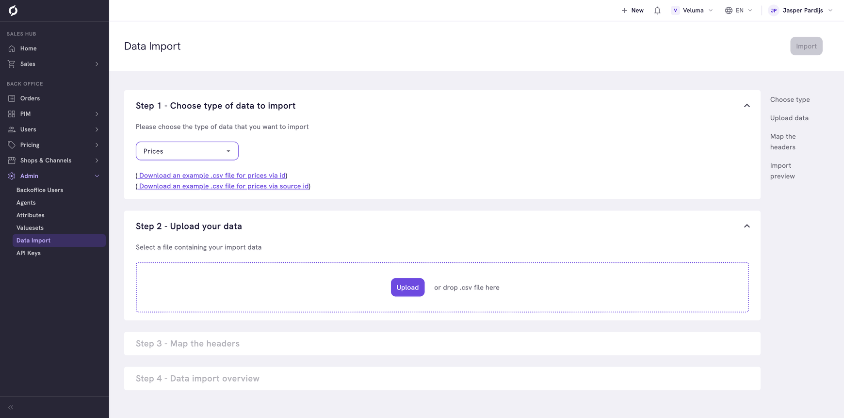 Step 2 showing Prices selected with example CSV download links and an Upload button