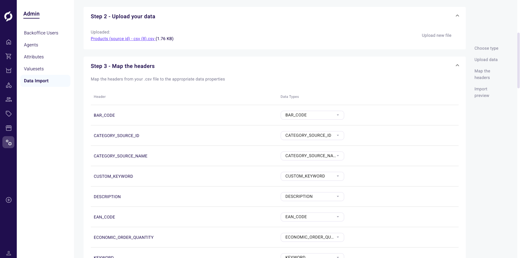 Step 3 showing the header mapping table with CSV columns mapped to data type dropdowns