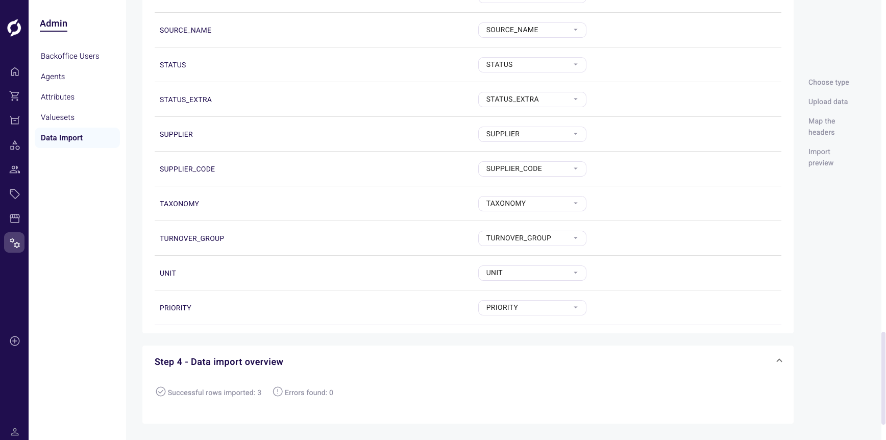 Step 4 showing the data import overview with 3 successful rows imported and 0 errors