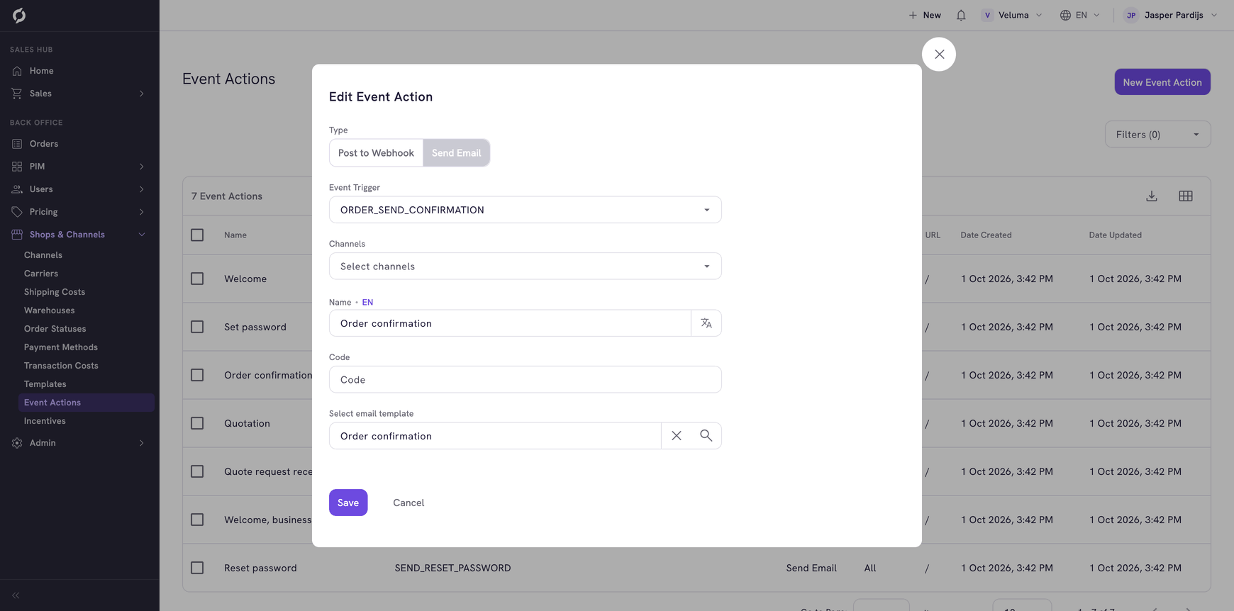 Edit Event Action dialog of a Send Email action with its trigger and email template