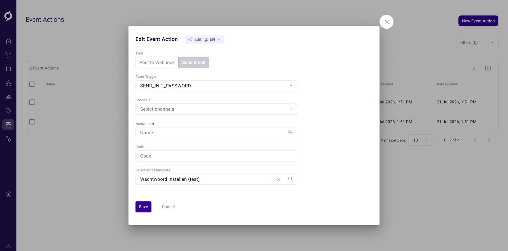 Edit Event Action dialog for Send Email type