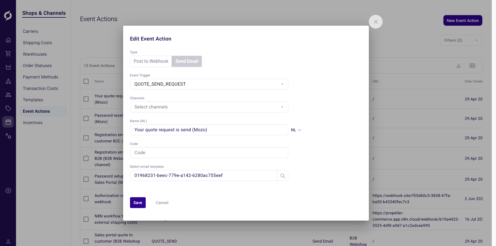 Edit Event Action dialog for Send Email type