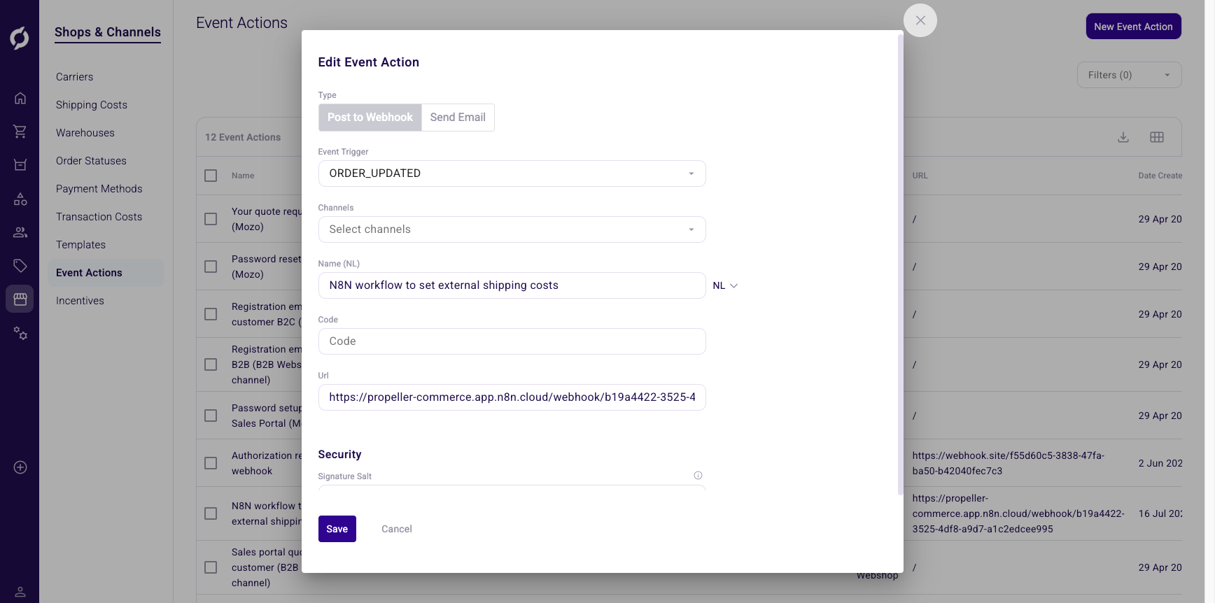 Edit Event Action dialog for Post to Webhook type