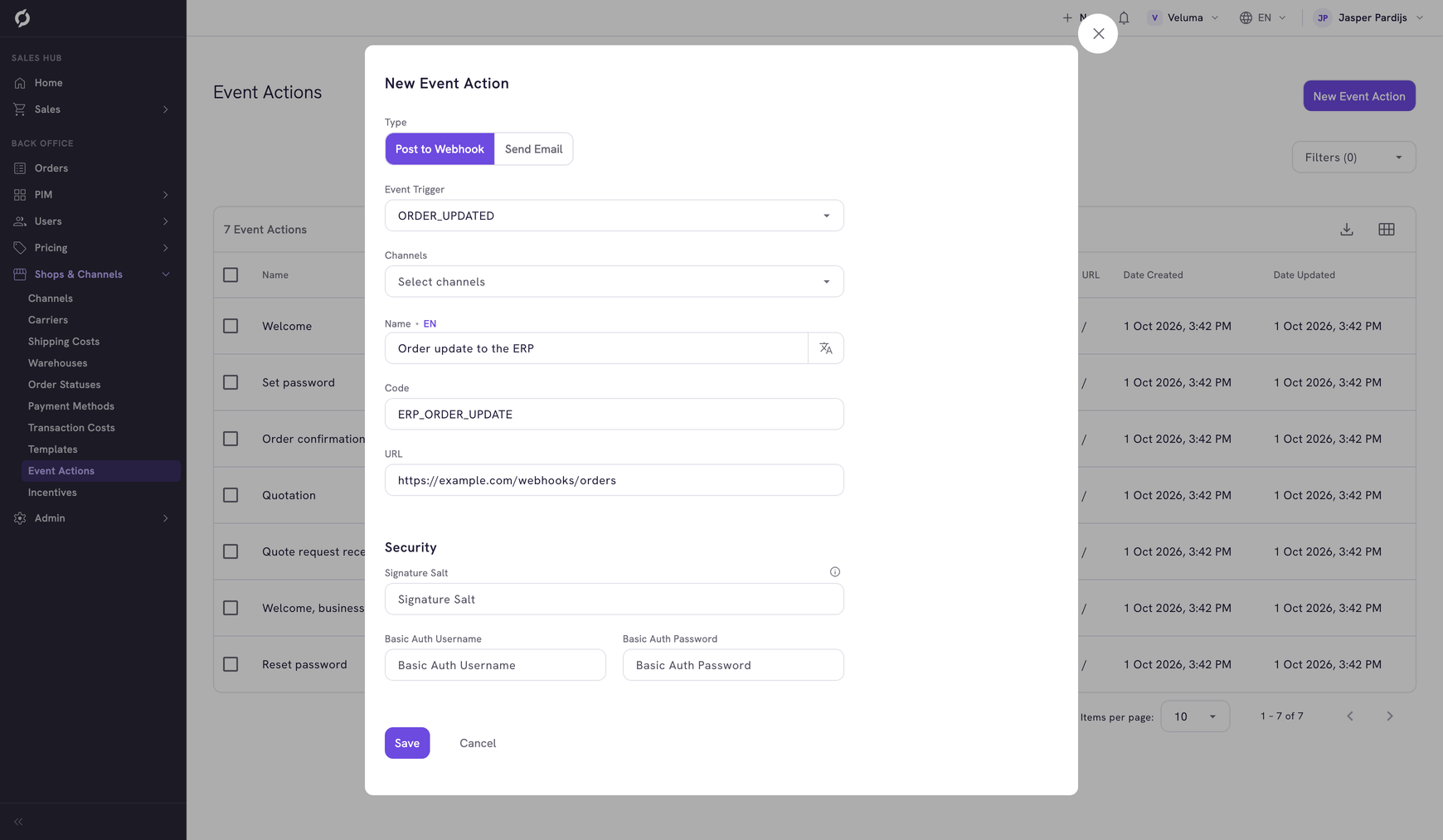New Event Action dialog of a Post to Webhook action with a trigger, name, code, URL and the Security fields
