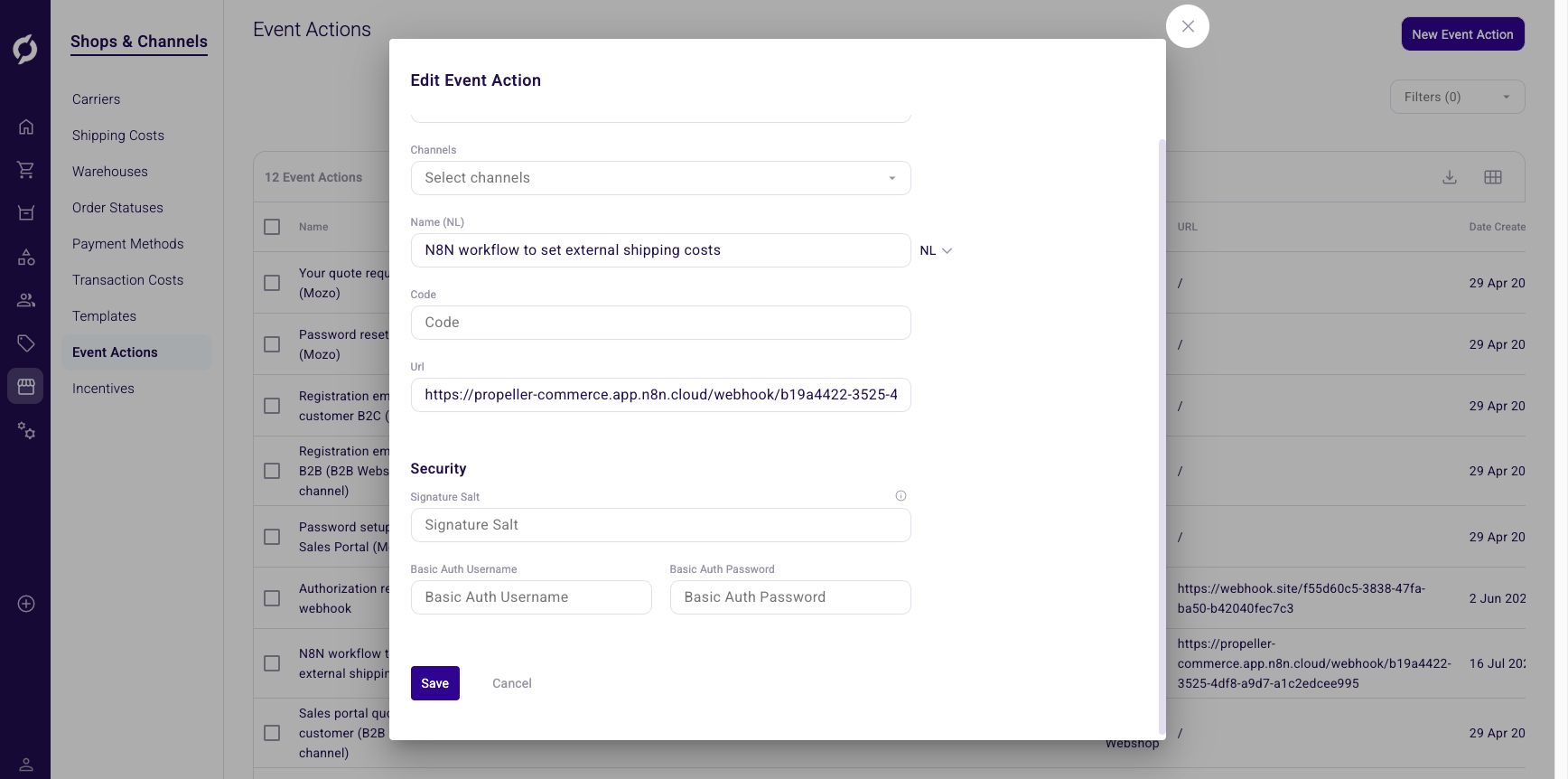 Security section with Signature Salt and Basic Auth fields