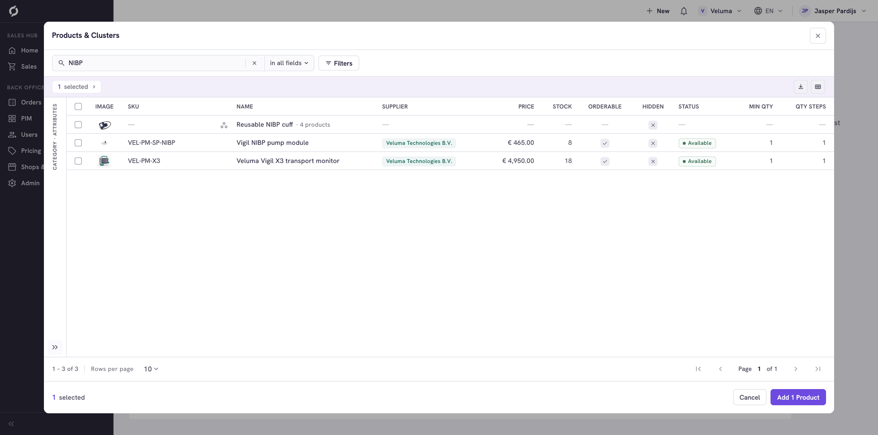 Products & Clusters list with a search for NIBP, one product ticked and the Add 1 Product button at the bottom