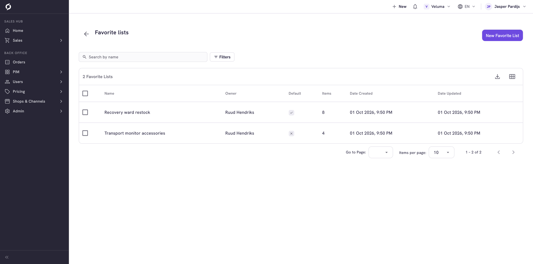Favorite lists of one contact, with a default list and a second list