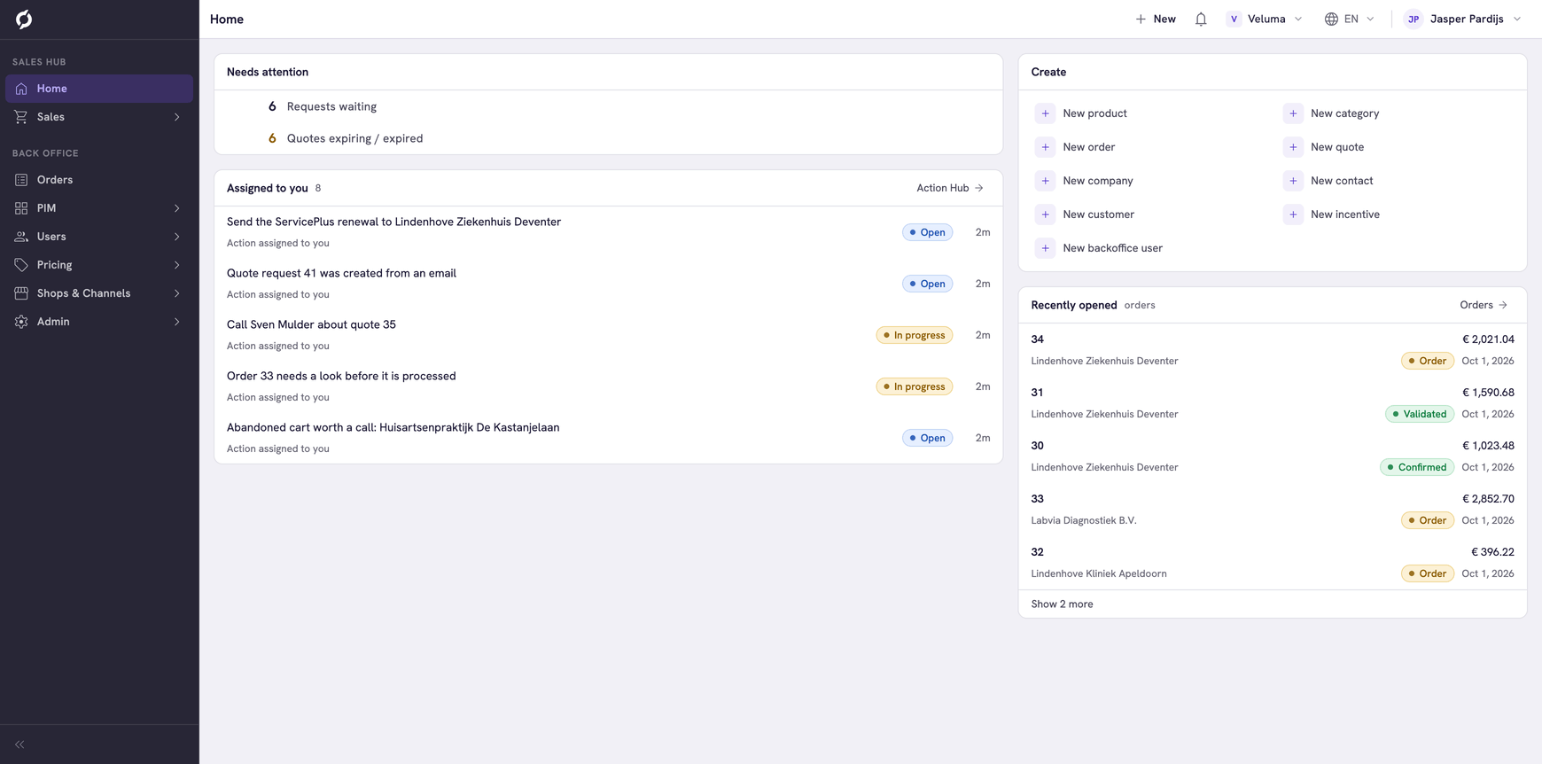 The menu on the left with its Sales Hub and Back Office parts, and the top bar with New, notifications, the environment, the language and your name