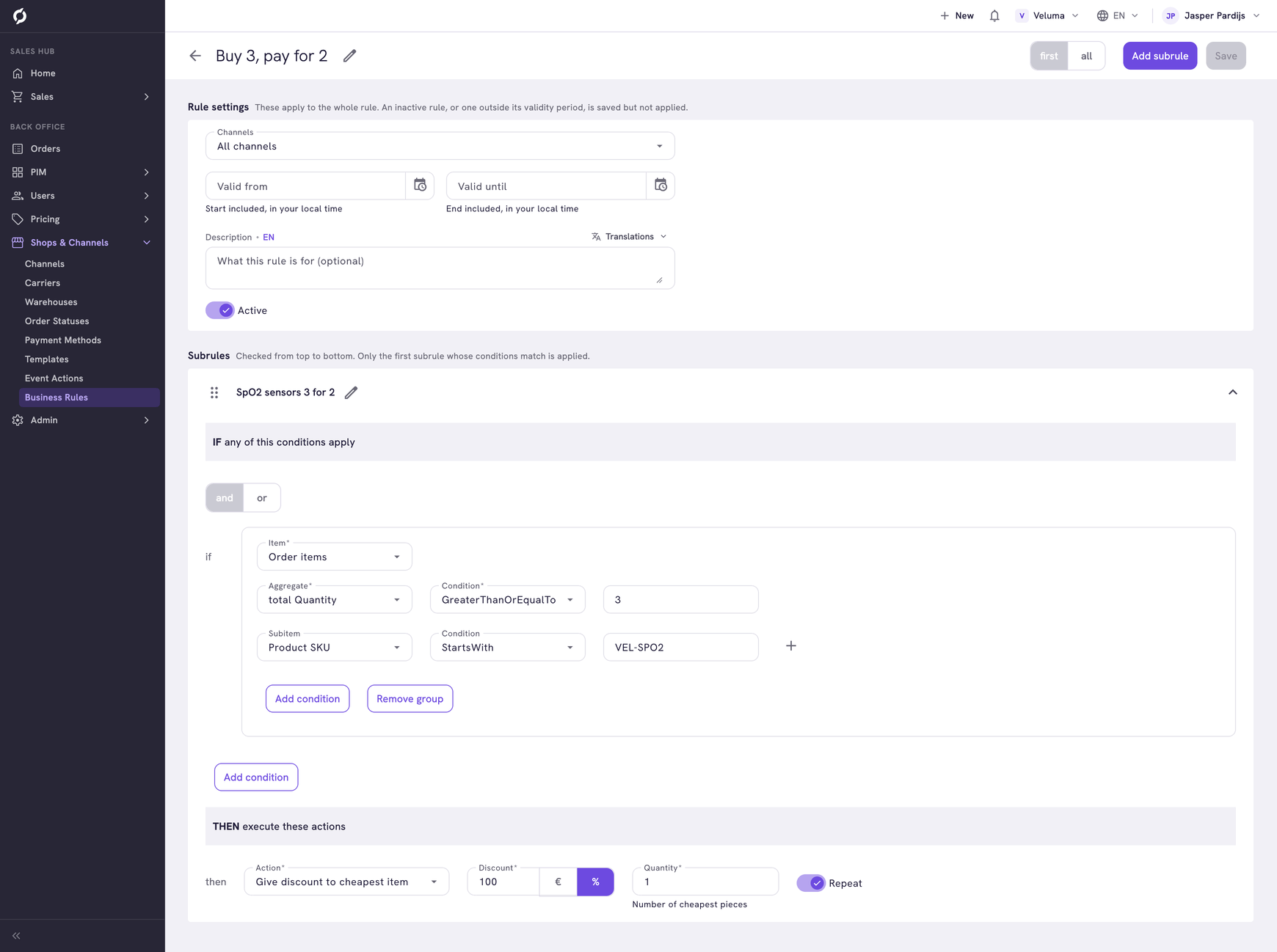 Incentive rule Buy 3, pay for 2 in the rule builder. If the order holds 3 or more pieces whose SKU starts with VEL-SPO2, the cheapest piece gets 100% off, again for every 3