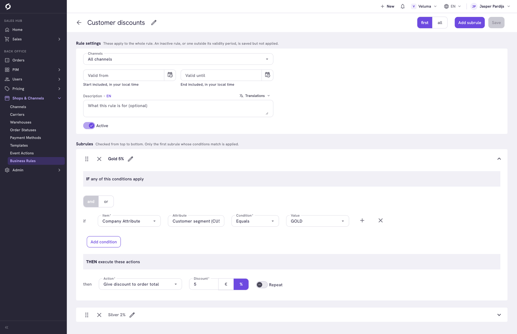 Incentive rule Customer discounts in the rule builder. The open subrule Gold 5% gives 5% off the order total when the company attribute Customer segment is GOLD