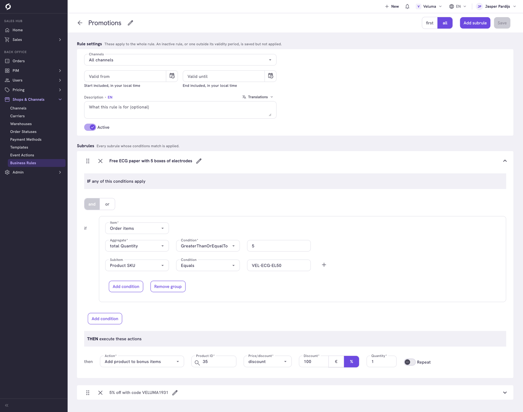 Incentive rule Promotions in the rule builder. The open subrule gives a free pack of ECG paper with five or more boxes of electrodes: Add product to bonus items, with a discount of 100% and quantity 1