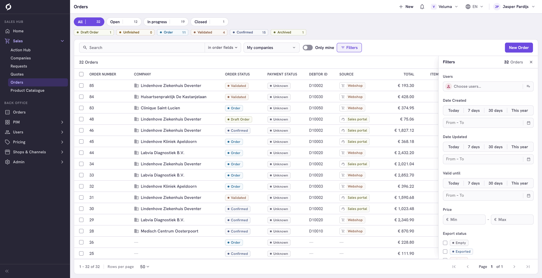 Filters panel next to the rows of the Orders list, with Users, Date Created, Date Updated and Price