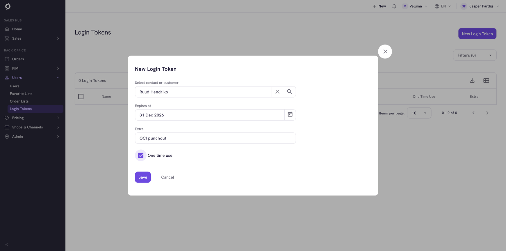 New Login Token dialog with a contact, an expiry date and One time use ticked