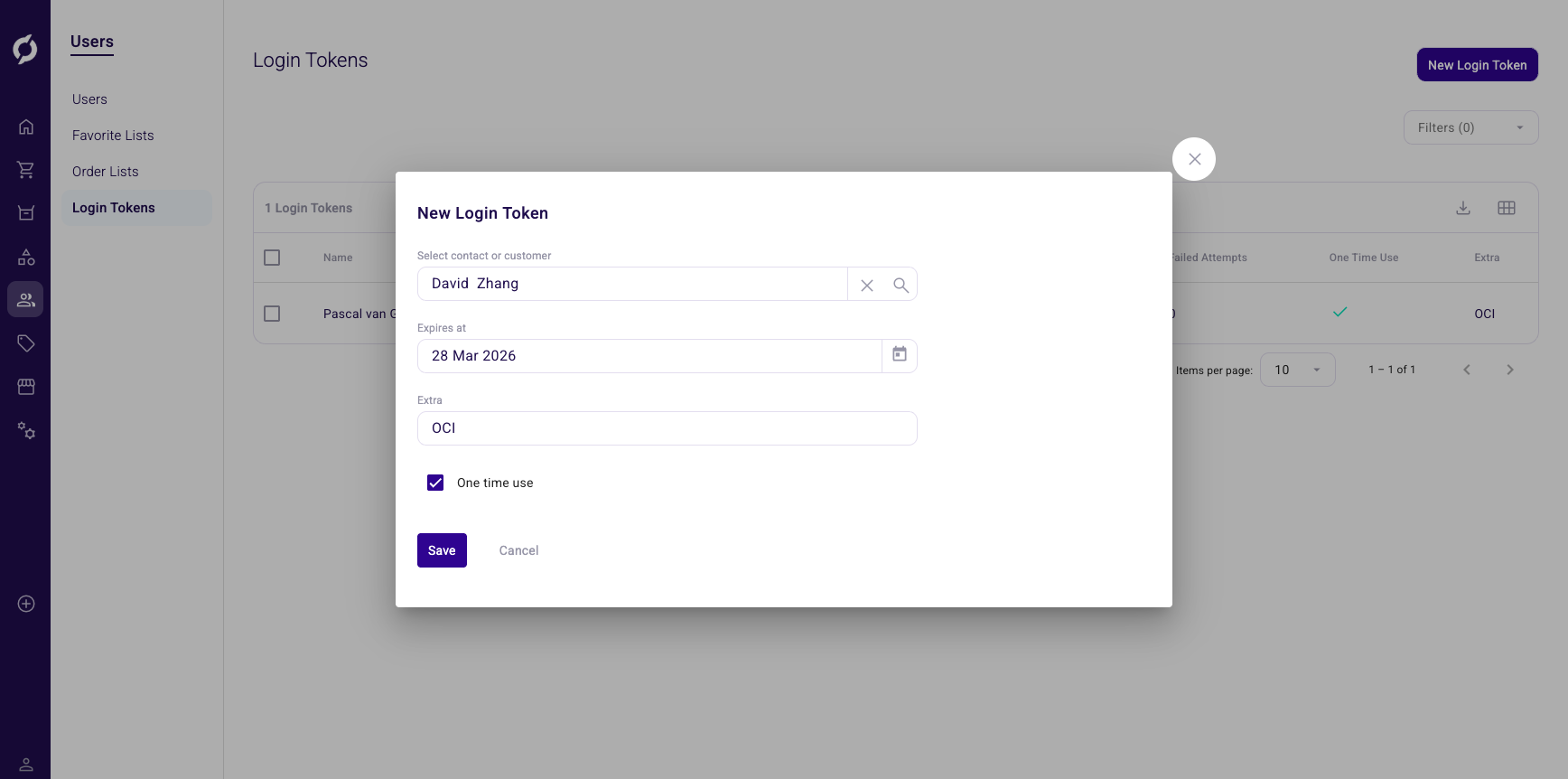 Create login token dialog